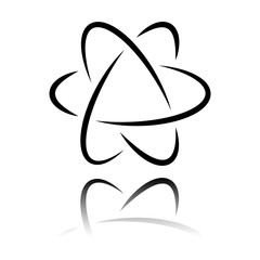 scientific atom symbol, logo, simple icon. Black icon with mirror reflection on white background