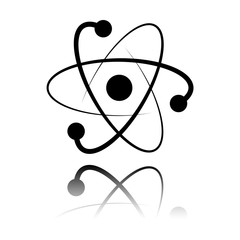 scientific atom symbol, logo, simple icon. Black icon with mirror reflection on white background