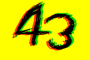 Handwritten 43 - Number forty-three in black,red,green on yellow background