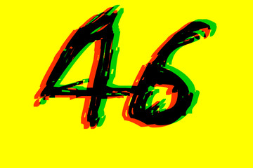 Handwritten 46 - Number forty-six in black,red,green on yellow background