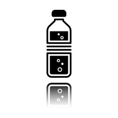 bottle of water with bubbles. simple single icon. Black icon with mirror reflection on white background