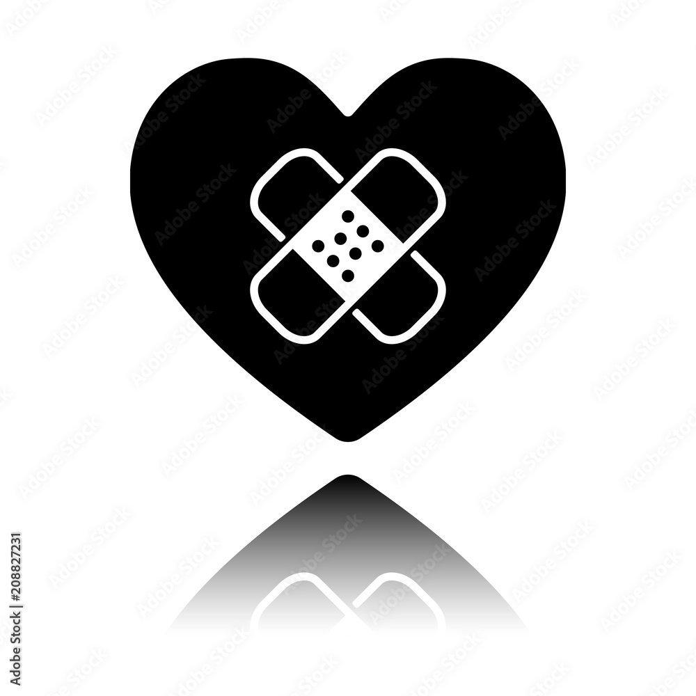 Aufkleber broken heart with patch. simple single icon. black icon with mirror reflection on white background