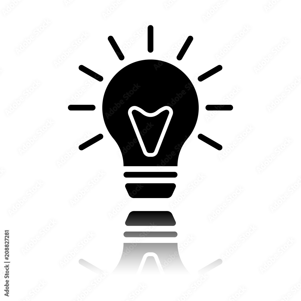 Poster old bulb with light. simple single icon. black icon with mirror reflection on white background