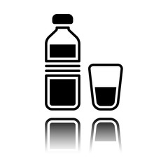 bottle of water and glass cup. simple icon. Black icon with mirror reflection on white background