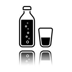 bottle of water with bubbles and glass cup. simple icon. Black icon with mirror reflection on white background