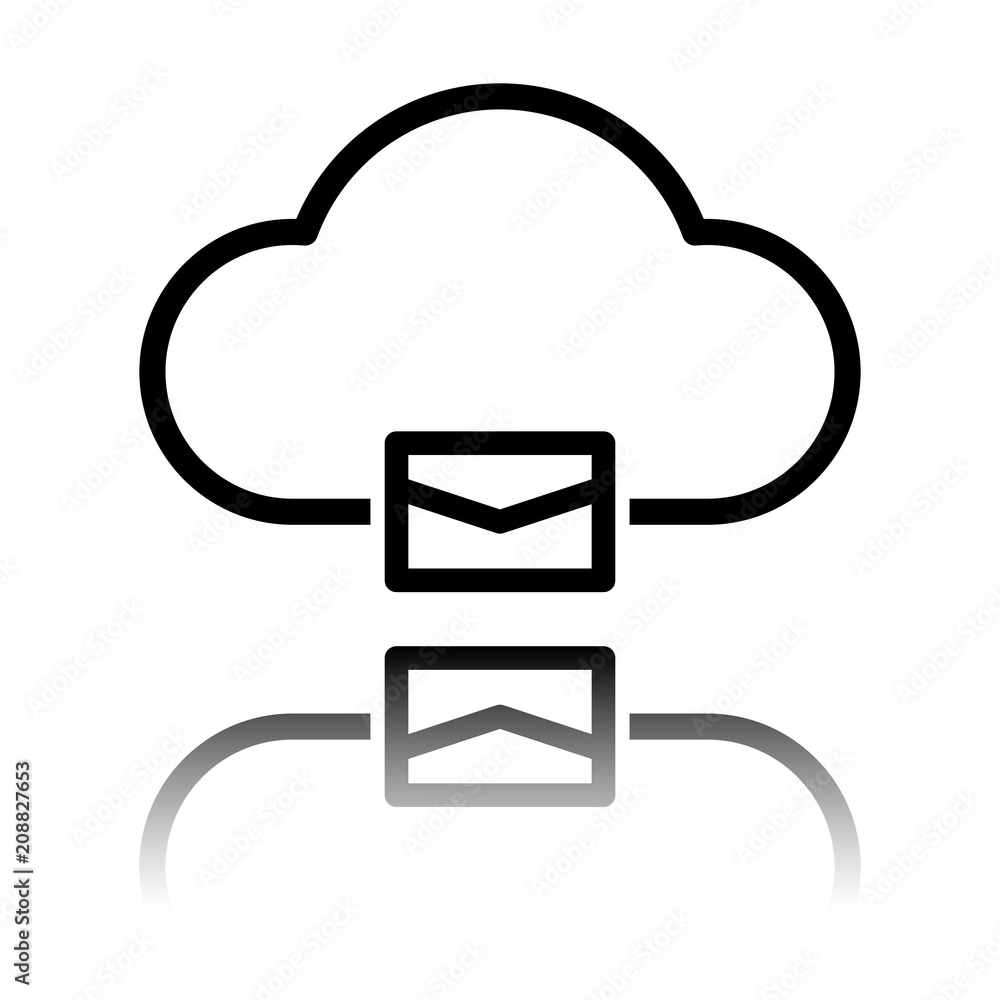 Poster cloud mail, simple linear icon with thin outline. black icon with mirror reflection on white backgro