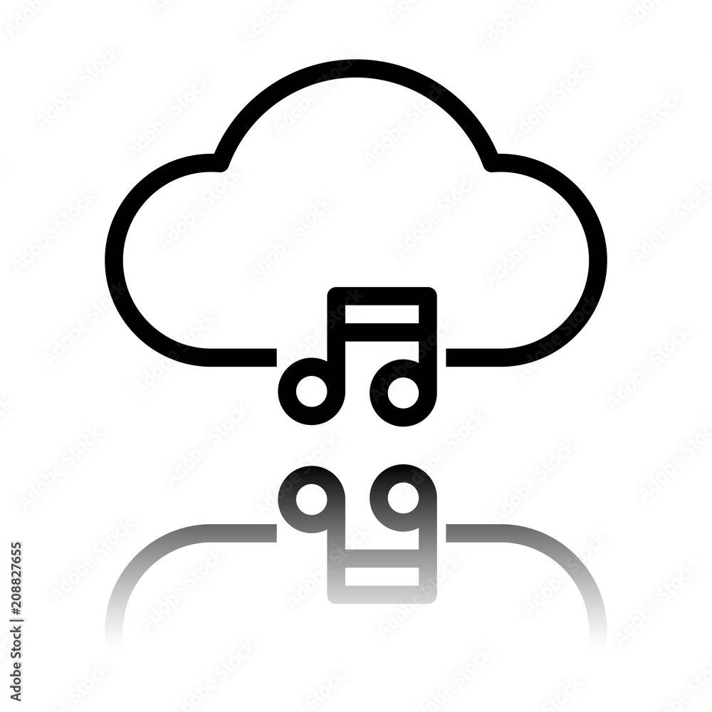 Poster cloud music library, striming. simple linear icon with thin outline. black icon with mirror reflecti