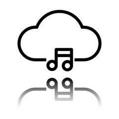 Cloud music library, striming. Simple linear icon with thin outline. Black icon with mirror reflection on white background