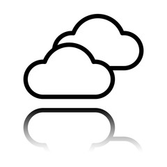 Mostly cloudy icon. Simple linear icon with thin outline. Black icon with mirror reflection on white background