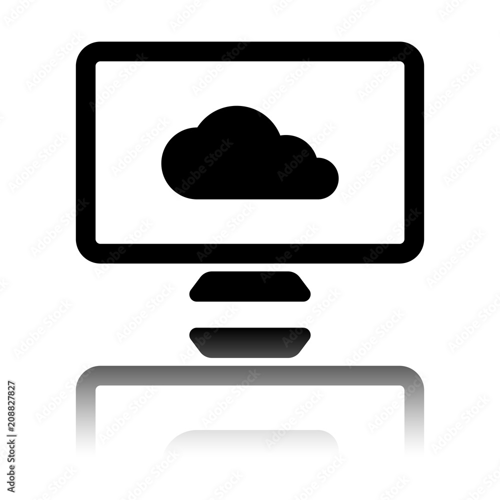 Poster database, cloud technology, computer and cloud. simple icon. black icon with mirror reflection on wh