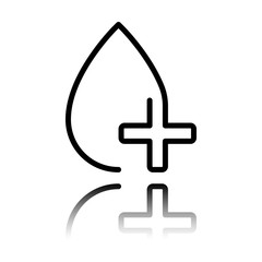Fototapeta premium drop of blood and medical cross. linear symbol with thin outline. one line style. Black icon with mirror reflection on white background