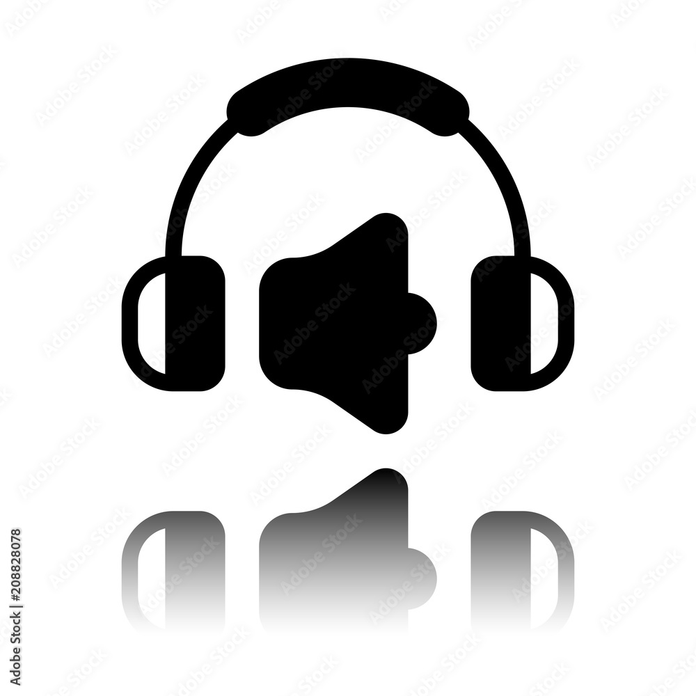 Aufkleber headphones and volume level. max volume level. simple icon. black icon with mirror reflection on whi