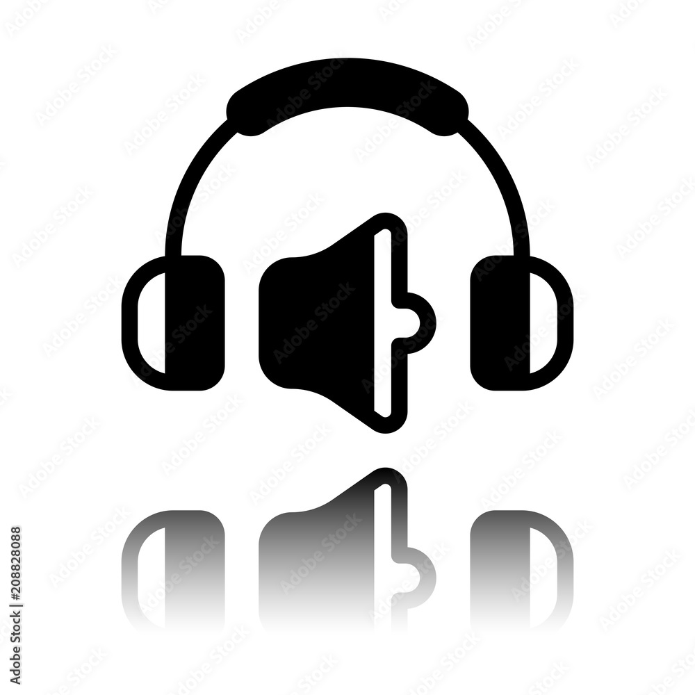 Poster headphones and volume level. medium volume level. simple icon. black icon with mirror reflection on 