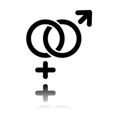 gender symbol. linear symbol. simple men and women icon. Black icon with mirror reflection on white background