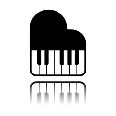 Grand piano icon. Black icon with mirror reflection on white background