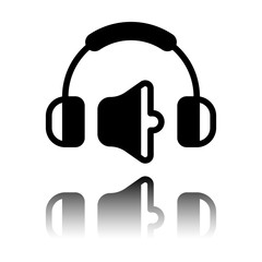 Headphones and volume level. Medium volume level. Simple icon. Black icon with mirror reflection on white background