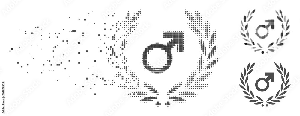 Poster gray vector male symbol laurel wreath icon in dispersed, pixelated halftone and undamaged whole vers