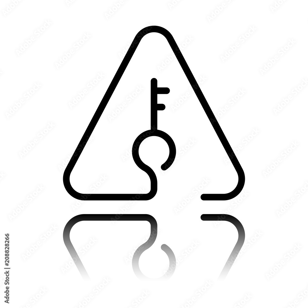 Poster key in warning triangle. linear icon with thin outline. one line style. black icon with mirror refle