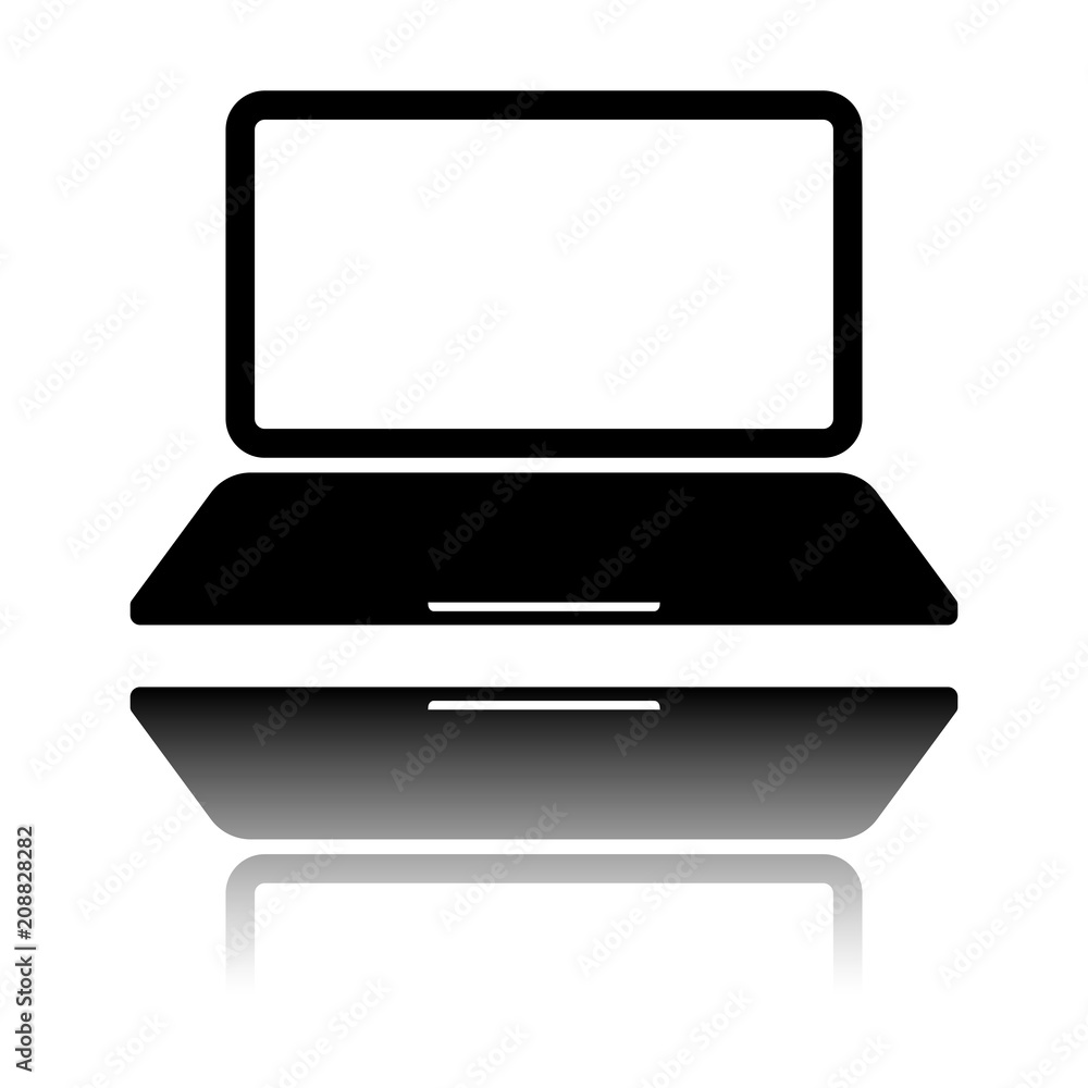 Aufkleber laptop or notebook computer icon. black icon with mirror reflection on white background