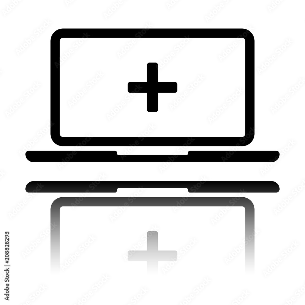 Poster laptop or notebook computer with medical cross on screen. simple icon. black icon with mirror reflec