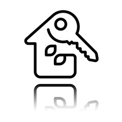 Eco house with key. Linear icon with thin outline. One line style. Black icon with mirror reflection on white background