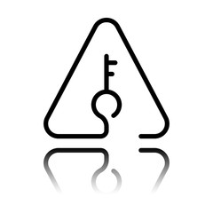 Key in warning triangle. Linear icon with thin outline. One line style. Black icon with mirror reflection on white background