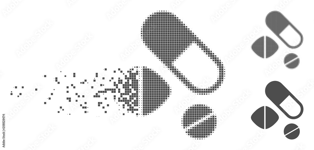 Poster gray vector medication pills icon in dispersed, pixelated halftone and undamaged solid versions. dis