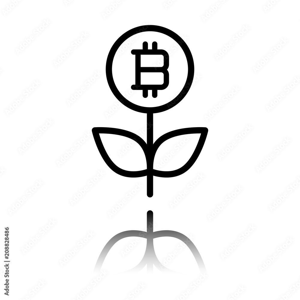 Poster money flower with bitcoin. money tree. linear icon with thin outline. black icon with mirror reflect