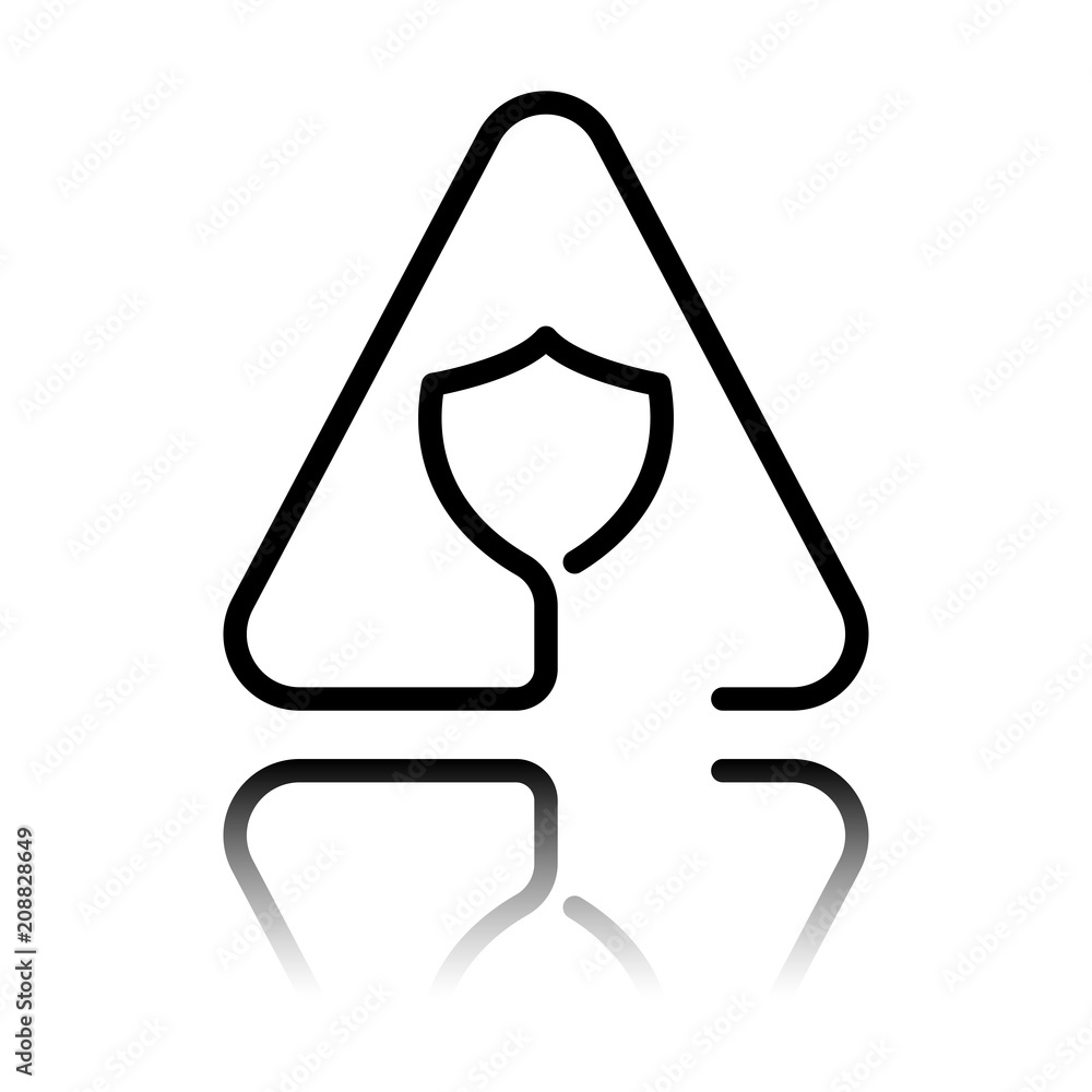 Poster shield in warning triangle. problem with protect. linear icon with thin outline. one line style. bla