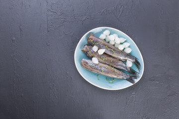 Herring fillets with onions on a blue plate, a traditional Dutch delicacy. Delicious seafood meal. Copy space. flat lay.