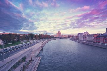 Fototapeta premium Beautiful sunset cityscape with city center and Moscow river.