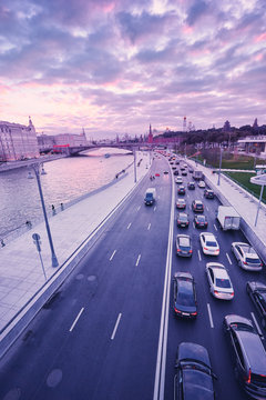 Beautiful city landscape. Sunset on Moscow River .