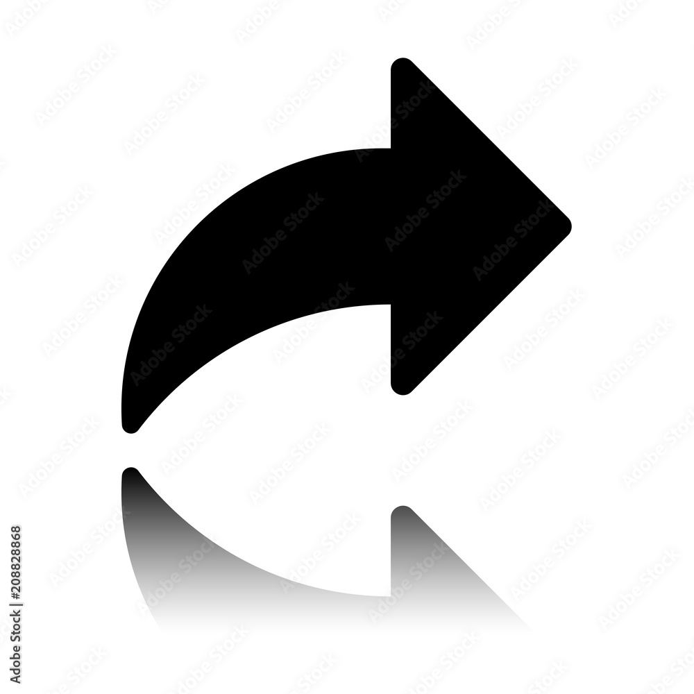 Poster share icon with arrow. black icon with mirror reflection on white background
