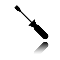 Simple silhouette of screwdriver. Black icon with mirror reflection on white background