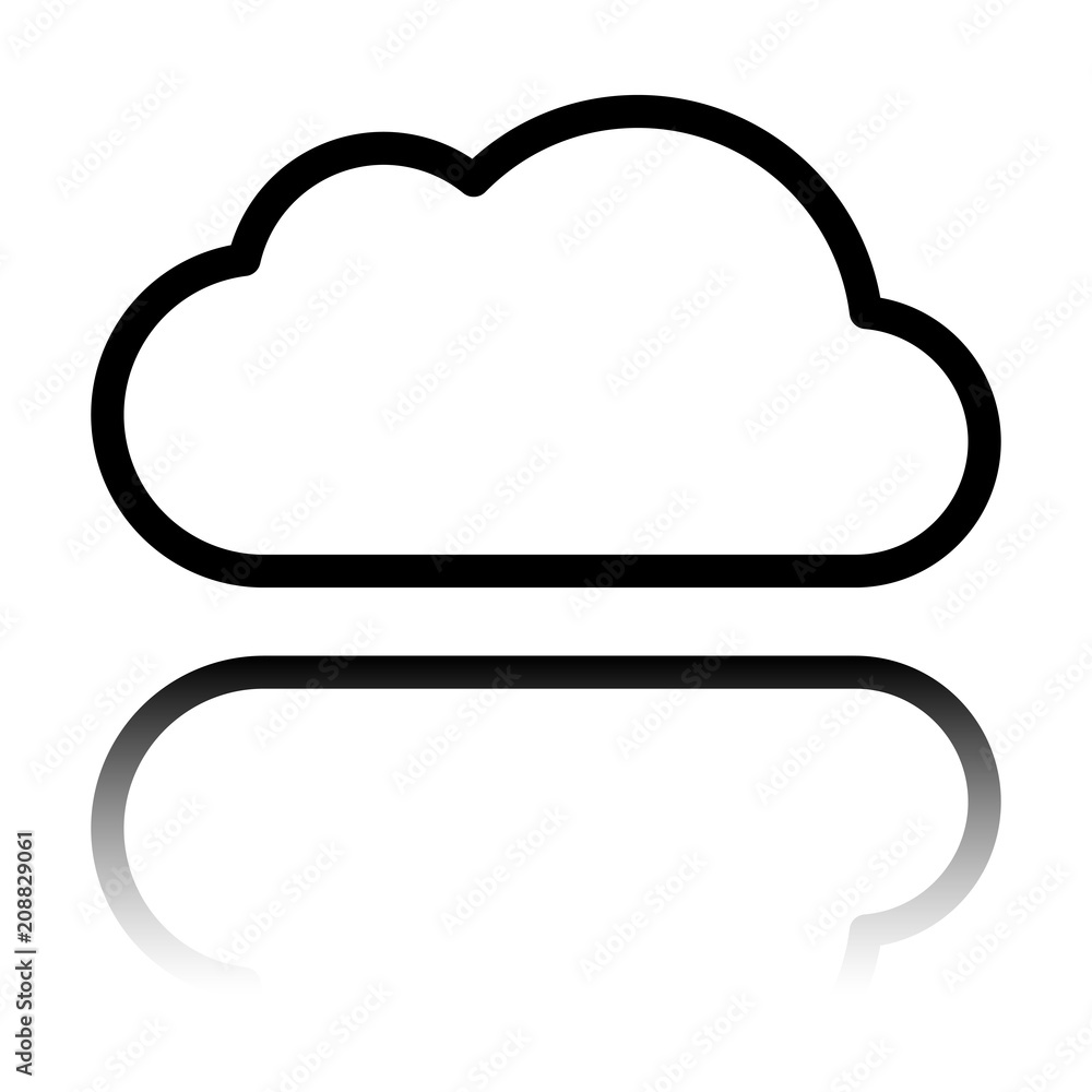 Poster simple cloud. linear symbol with thin outline. black icon with mirror reflection on white background