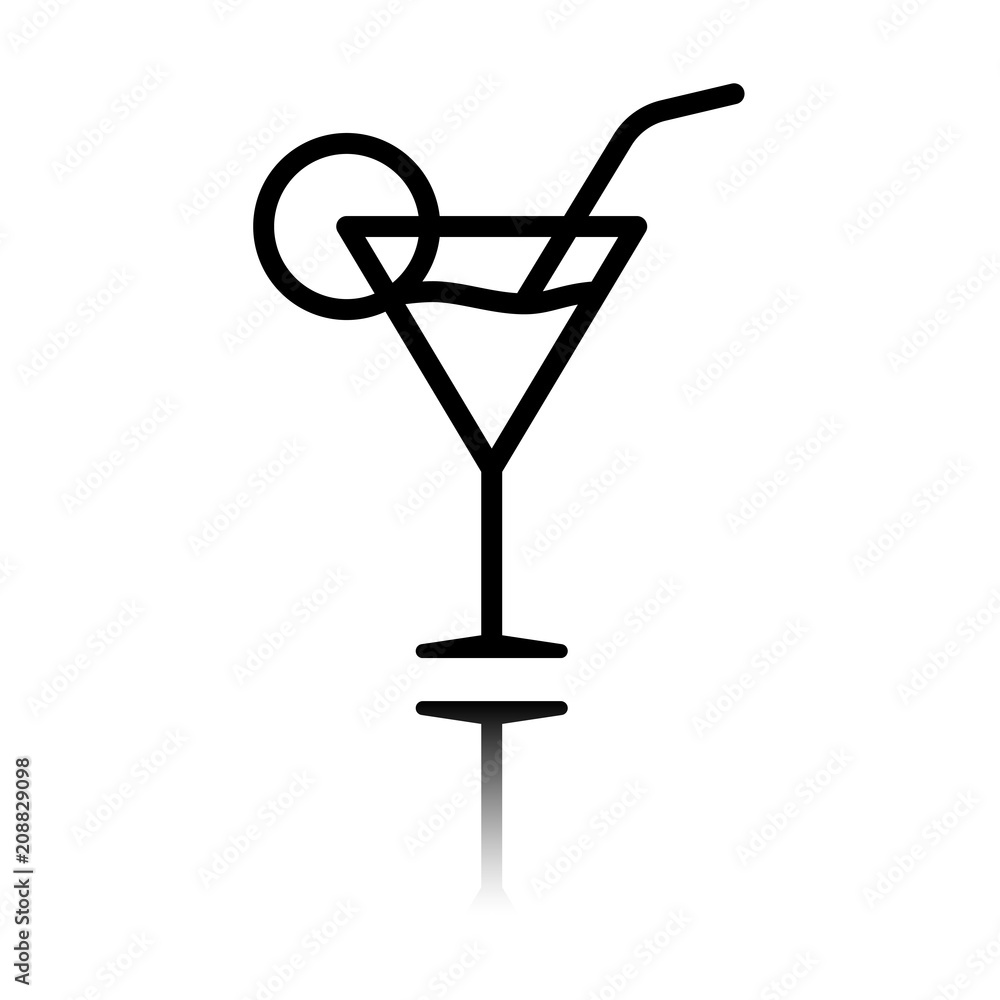 Poster coctail glass. simple linear icon with thin outline. black icon with mirror reflection on white back