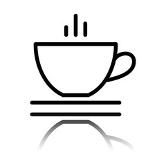 Simple cap of coffee or tea. Linear icon with thin outline. Black icon with mirror reflection on white background