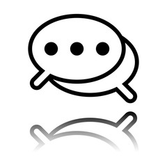 Simple chat. Couple of text clouds. Linear icon with thin outline. Black icon with mirror reflection on white background