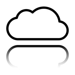 Simple cloud. Linear symbol with thin outline. Black icon with mirror reflection on white background