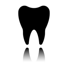 Silhouette of tooth. Simple icon. Black icon with mirror reflection on white background