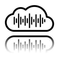 Simple icon with cloud and sound equalizer wave. Thin outline. Black icon with mirror reflection on white background
