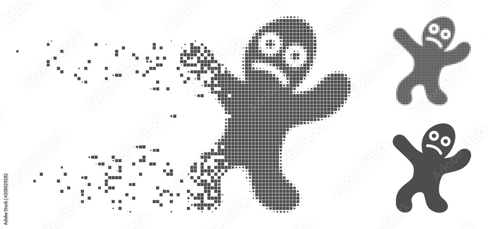 Poster gray vector sick person icon in dispersed, dotted halftone and undamaged whole versions. disintegrat