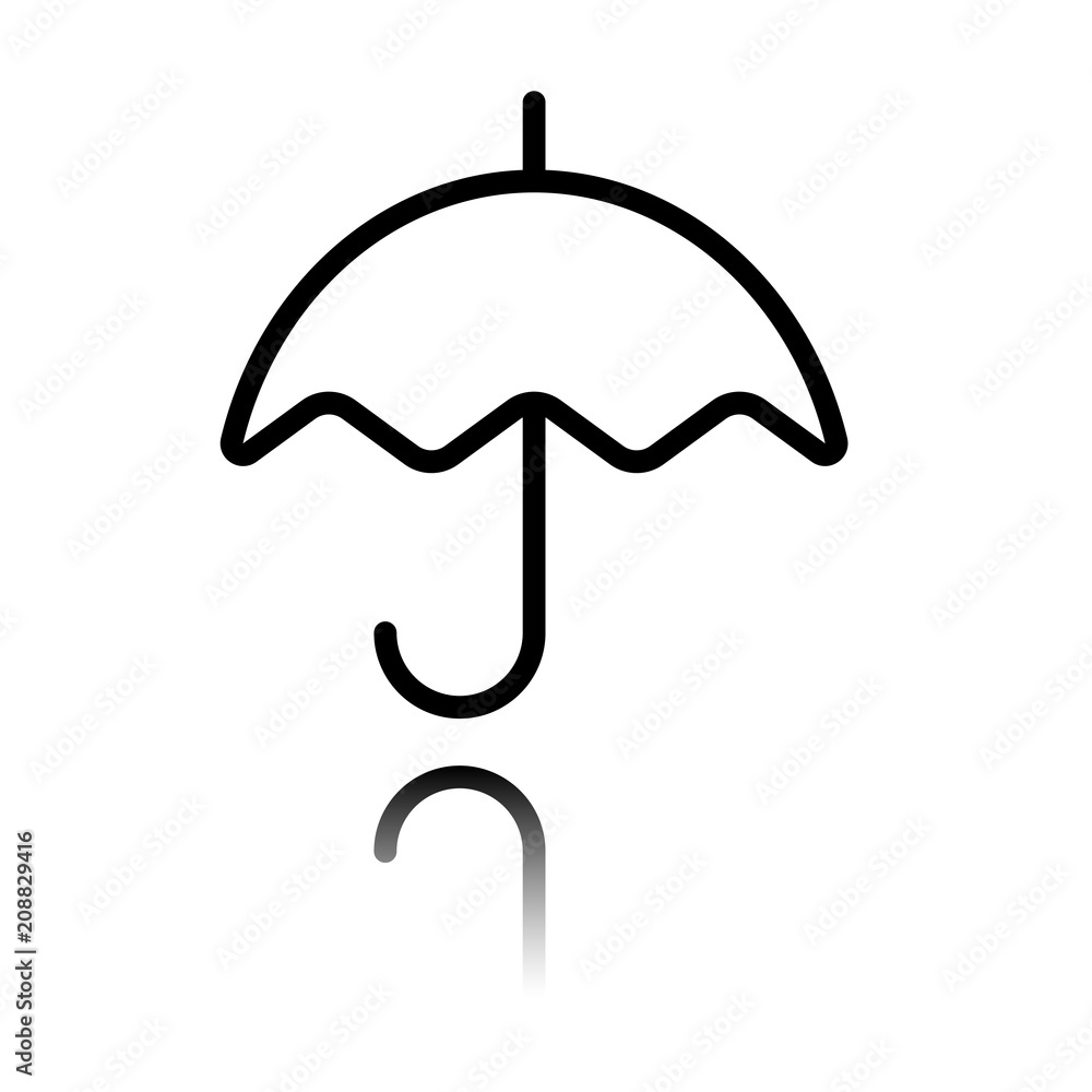 Poster simple umbrella icon. linear, thin outline. black icon with mirror reflection on white background