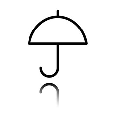 Simple umbrella icon. Linear, thin outline. Black icon with mirror reflection on white background