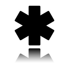 star of life. Black icon with mirror reflection on white background