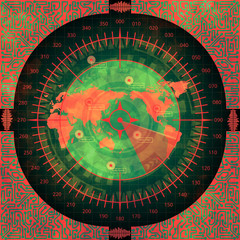 Radar sonar with world map, target and circuit board objects. Futuristic HUD navigation monitor.