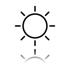 Sun icon. Linear, thin outline. Black icon with mirror reflection on white background