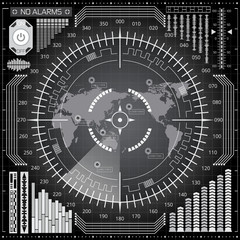 Digital radar screen with world map, targets and futuristic user interface of white, gray and black shades