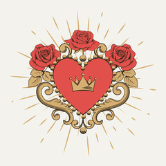 Beautiful ornamental red heart with crown and roses on white background. Vector illustration
