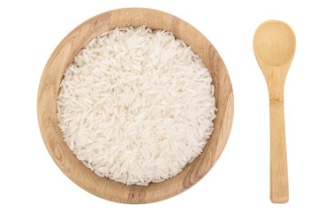 Fototapeta na wymiar rice grains in wooden bowl isolated on white background. Top view. Flat lay